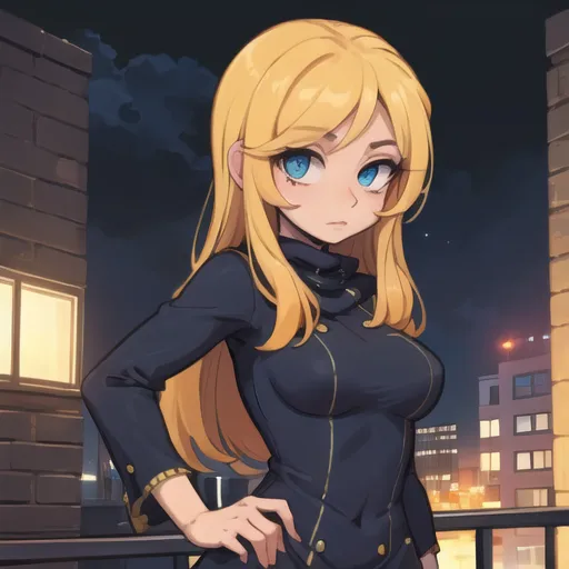 The image is a digital painting of a young woman with long blonde hair and blue eyes. She is wearing a black military-style uniform with gold buttons. She has her hands on her hips and is standing in front of a dark blue background with a cityscape in the distance. The painting is done in a realistic style and the woman's expression is serious and confident.