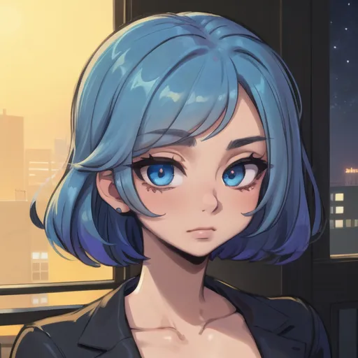 The image shows a young woman with blue hair and blue eyes. She is wearing a black suit jacket. She is standing in front of a window. The background is a cityscape at night. The woman is looking at the camera with a serious expression.