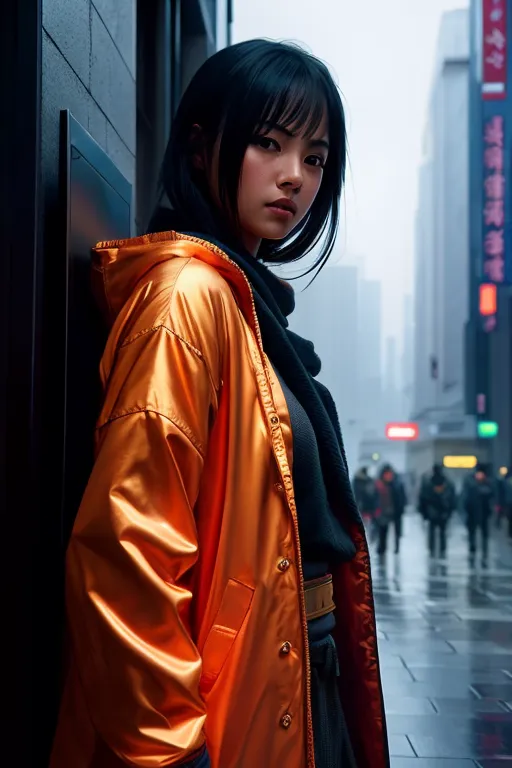 A young woman is standing in front of a building. She is wearing a black turtleneck sweater and a shiny orange jacket. She has a black scarf around her neck and her black hair is cut in a short bob with bangs. She is looking at the camera with a serious expression. There are people walking in the background and a city street with cars and buildings in the distance. It is daytime but cloudy and the street is wet from rain.