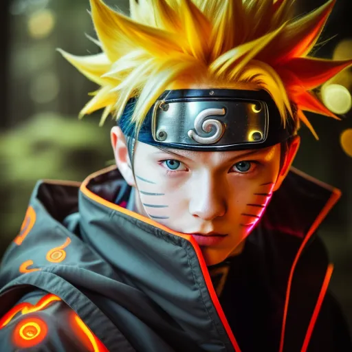 The image is a portrait of a young man with spiky blond hair and blue eyes. He is wearing a black jacket with an orange scarf and a metal headband with the symbol of the Hidden Leaf Village on it. The man's face is partially covered by a mask, and he has a determined expression on his face. The background of the image is a blur of green and brown, suggesting that the man is in a forest.