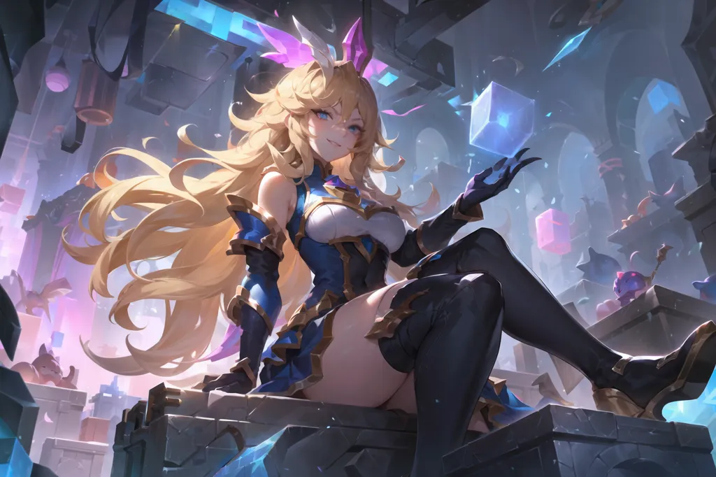 Esta é uma imagem de uma personagem feminina do jogo de vídeo League of Legends. Ela está sentada em um monte de rochas, usando um traje azul e branco. Ela tem longos cabelos loiros e olhos roxos. Ela está sorrindo e olhando para um cubo azul em sua mão. Há outros objetos flutuando ao redor dela, incluindo mais cubos e algum tipo de animal. O fundo é uma estrutura de caverna escura.