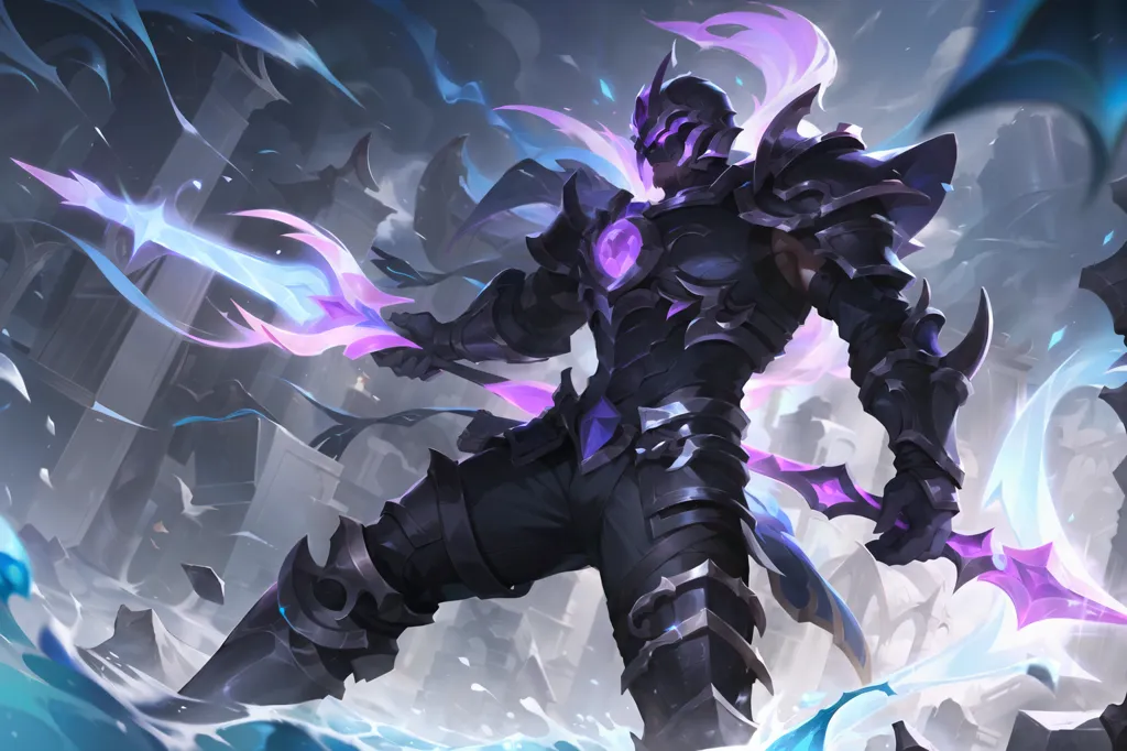 This image shows a knight in dark purple and black armor. He is holding two swords. The knight is standing in a snowy landscape, and there are ruins of a castle in the background. The knight is looking at the viewer with a determined expression.