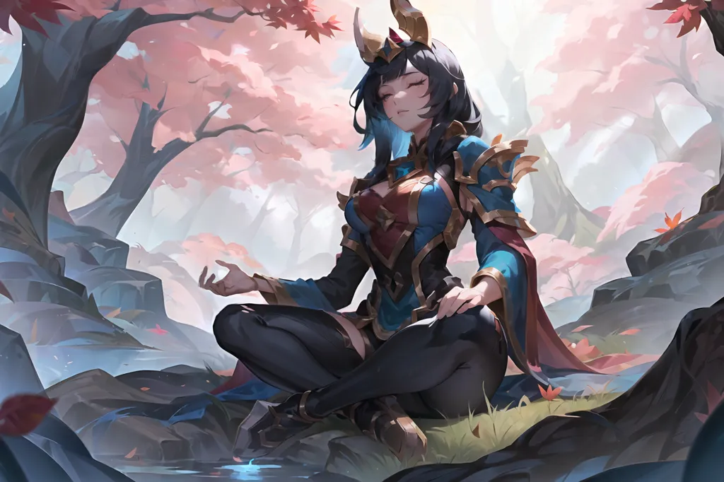 The image is of a young woman with long black hair and blue eyes. She is wearing a blue and gold outfit and is sitting in a meditative pose on a rock in a forest. The background is a blur of trees and mountains. The woman's eyes are closed and she has a serene expression on her face.