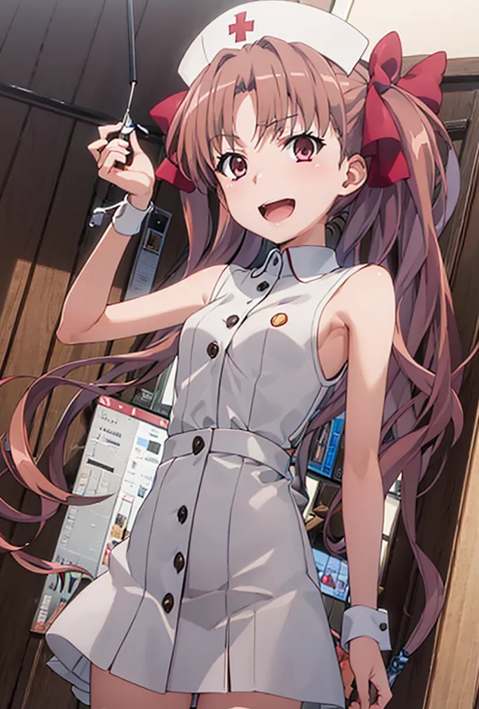 The image depicts a young woman with long brown hair and red eyes. She is wearing a white sleeveless dress with a red cross on the chest and a red ribbon in her hair. She is holding a pair of scissors in her right hand. The background is a wooden door.