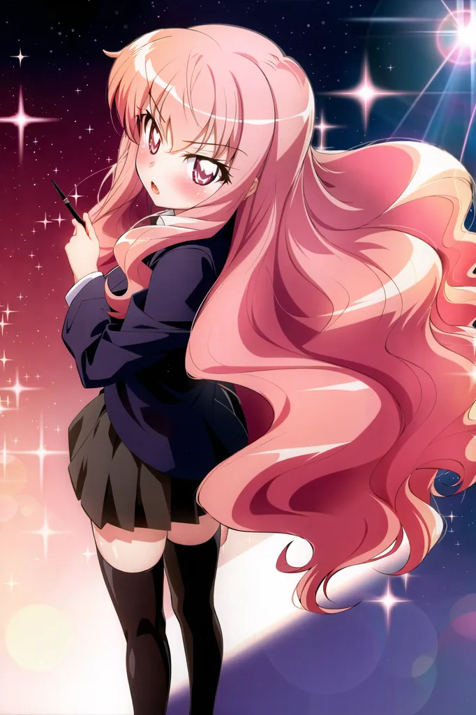 The image shows a girl with long pink hair and purple eyes. She is wearing a school uniform consisting of a black blazer, a white shirt, a gray skirt, and black thigh-high socks. She is holding a pen and looking at the viewer with a serious expression. The background is a starry night sky with a bright light in the upper right corner.