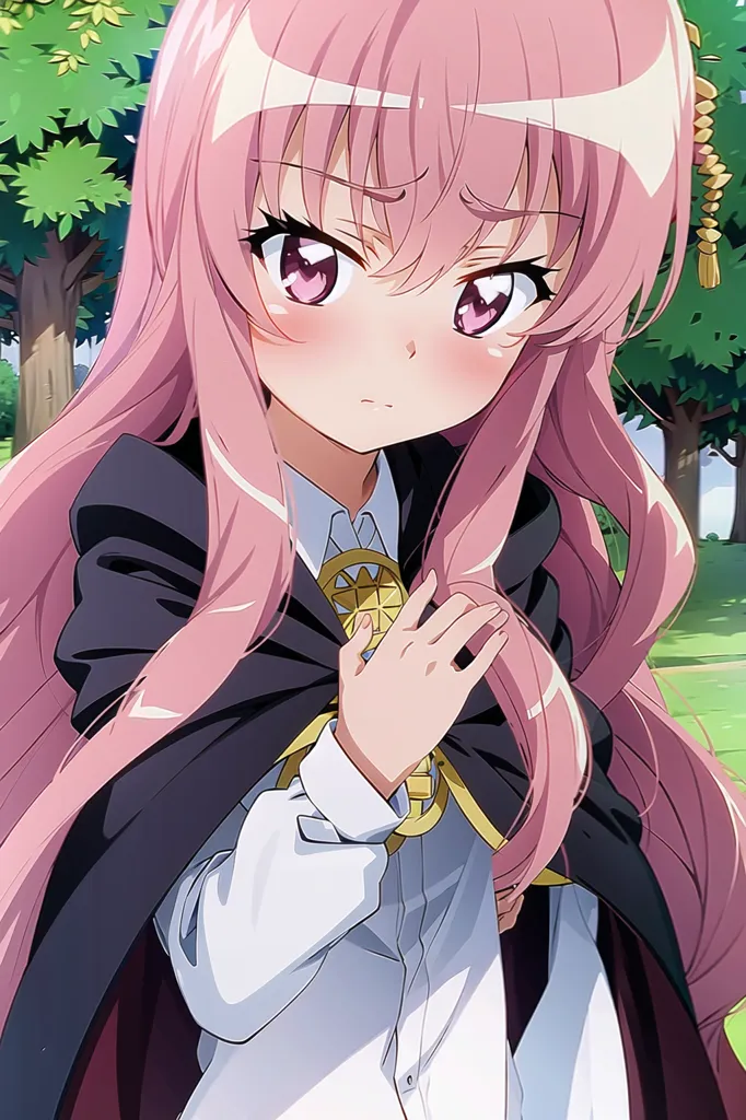 The image shows a young girl with pink hair and purple eyes. She is wearing a white shirt and a black cape with gold trim. The girl is standing in a forest, and she has a worried expression on her face.