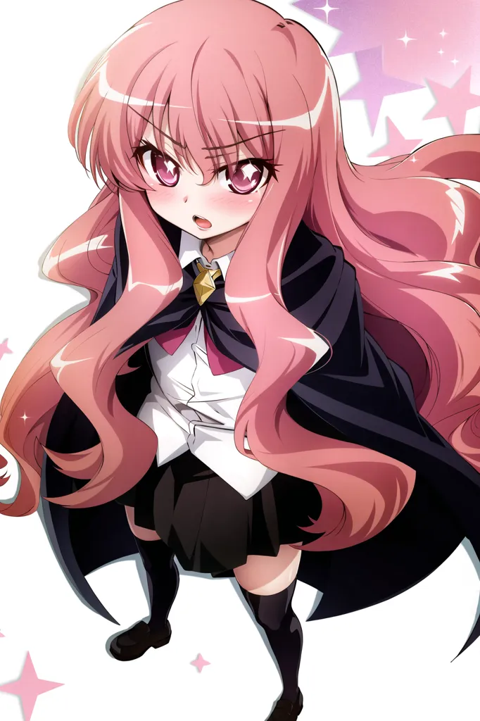 The image shows a young girl with long pink hair and red eyes. She is wearing a white shirt, a black skirt, and a black cape. She is also wearing a pair of black boots. The girl is standing on a white background, and there are several pink stars floating around her.