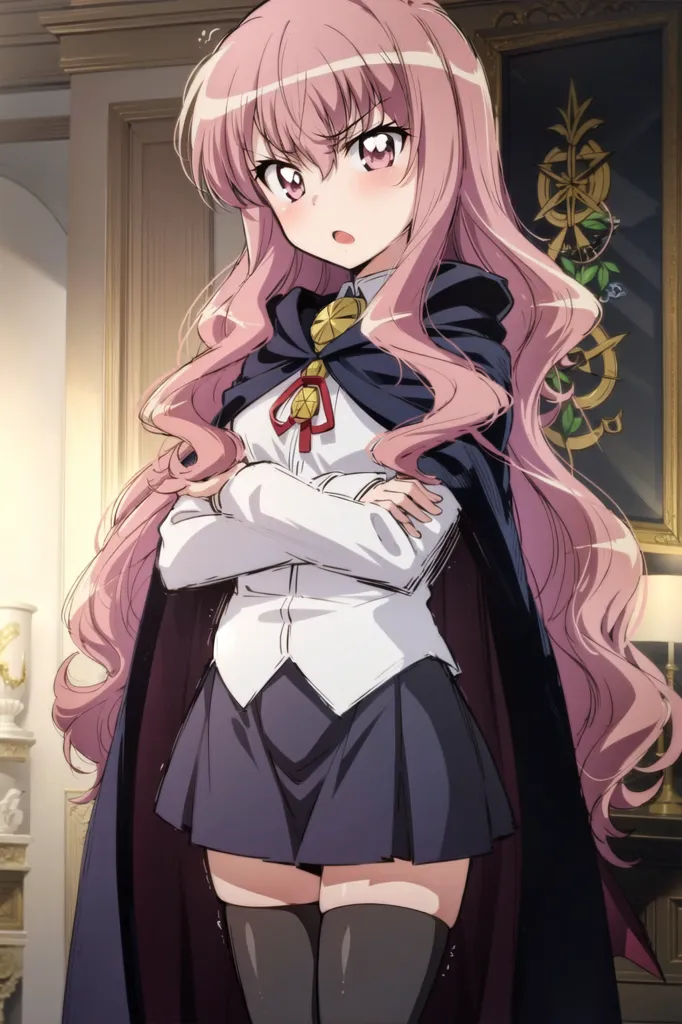 The image shows a young girl with pink hair and red eyes. She is wearing a white shirt, a gray skirt, and a black cape with a red ribbon. She is standing in a room with a painting on the wall behind her. The girl has her arms crossed and looks slightly annoyed.