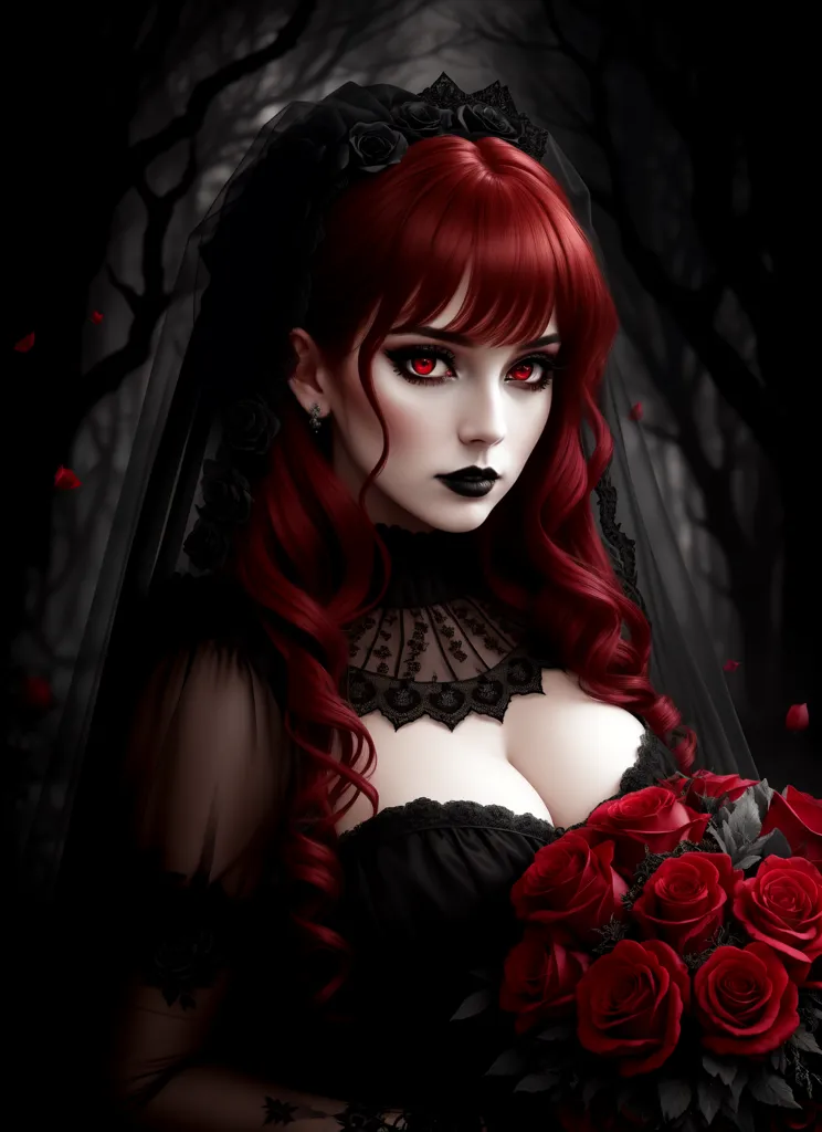 The image is a portrait of a woman with long red hair and red eyes. She is wearing a black wedding dress with a lace veil. The dress has a sweetheart neckline and is trimmed with black roses. She is also wearing a black choker with a red rose in the center. Her hair is styled in a half-up, half-down style with the front pulled back into a bun. The rest of her hair is left loose and flowing over her shoulders. She is holding a bouquet of red roses. The background is a dark forest with a full moon shining through the trees.