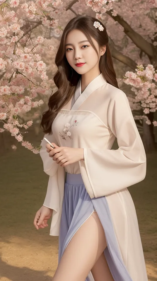 The image shows a young woman wearing a traditional Chinese dress called a Hanfu. The dress is white with blue trim and has a floral pattern. The woman has long brown hair and is wearing a white flower in her hair. She is standing in a field of cherry blossoms and is holding a folding fan. The background is a blur of cherry blossoms.