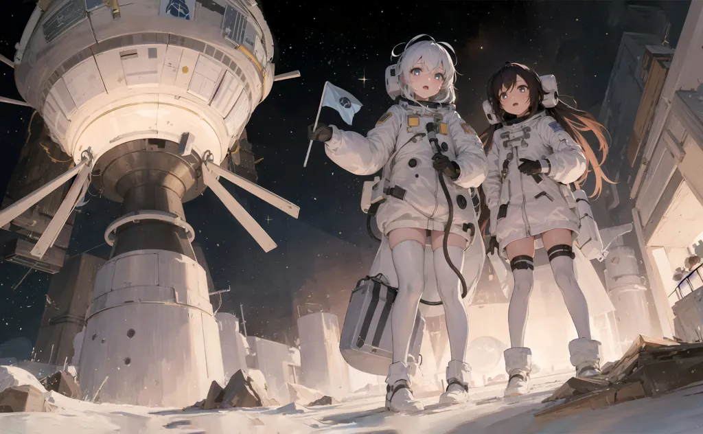 The image shows two anime girls in spacesuits on a snowy moon base. They are standing in front of a large white spaceship. One of the girls is holding a flag.