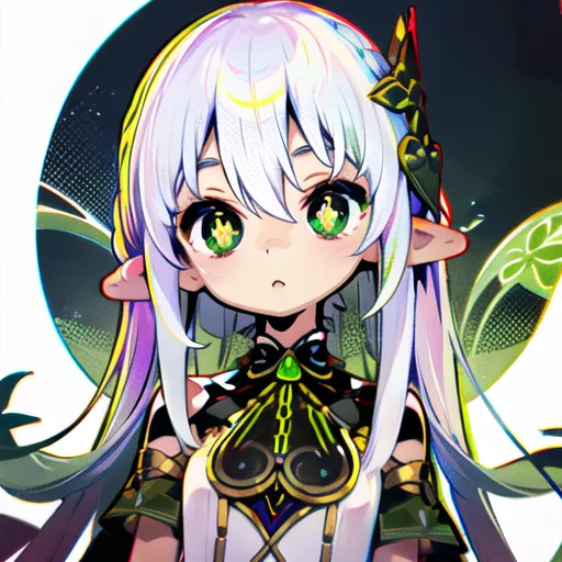 The image is a headshot of an anime-style character with pale skin, long white and green hair, and green eyes. She has pointed ears and is wearing a white and green outfit with a yellow and green bow. She has a serious expression on her face. The background is a dark color with a white circle in the middle.