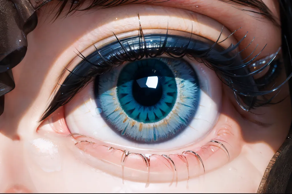 The image is a close-up of a human eye. The eye is blue with a dark blue pupil. The iris is light blue with a yellow ring around the pupil. The eyelashes are long and black. The skin around the eye is light pink with a few wrinkles. The eye is looking to the left.