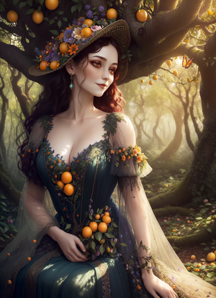 The image is a painting of a beautiful woman with long brown hair and brown eyes. She is wearing a green dress with a low neckline and a straw hat with flowers and fruit on it. She is sitting in a forest with an orange tree behind her. There is a butterfly on her right shoulder. The painting is very detailed and realistic.