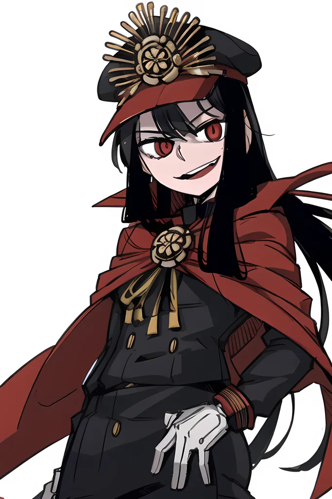 This is an image of a young girl with long black hair and red eyes. She is wearing a black military-style uniform with a red cape and a black hat with a gold sun-shaped badge on it. She has a smug expression on her face and is standing with her hands on her hips.