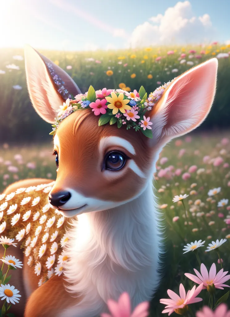 This image shows a baby deer in a field of flowers. The deer is standing in front of the camera and is looking at it with its head tilted to the side. It has a flower crown on its head and there are flowers all around it. The deer is brown and white with big eyes and a pink nose. The flowers are mostly pink, white, and yellow. The background is a meadow with green grass and a blue sky with clouds.