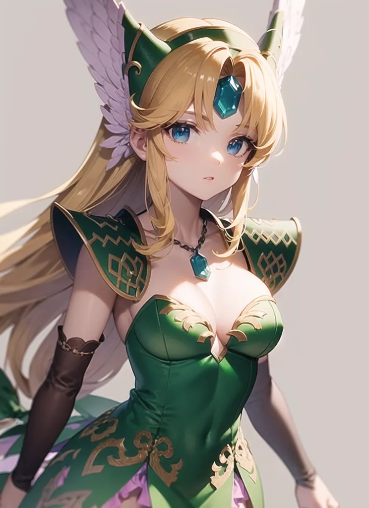 The image is a digital painting of a young woman with long, flowing blonde hair. She is wearing a green dress with a low neckline and a high collar. The dress is trimmed with gold and has a white underskirt. She is also wearing a necklace with a large green gem in the center. Her eyes are blue and her lips are slightly parted. She has a confident expression on her face. In the background, there are two large white wings.