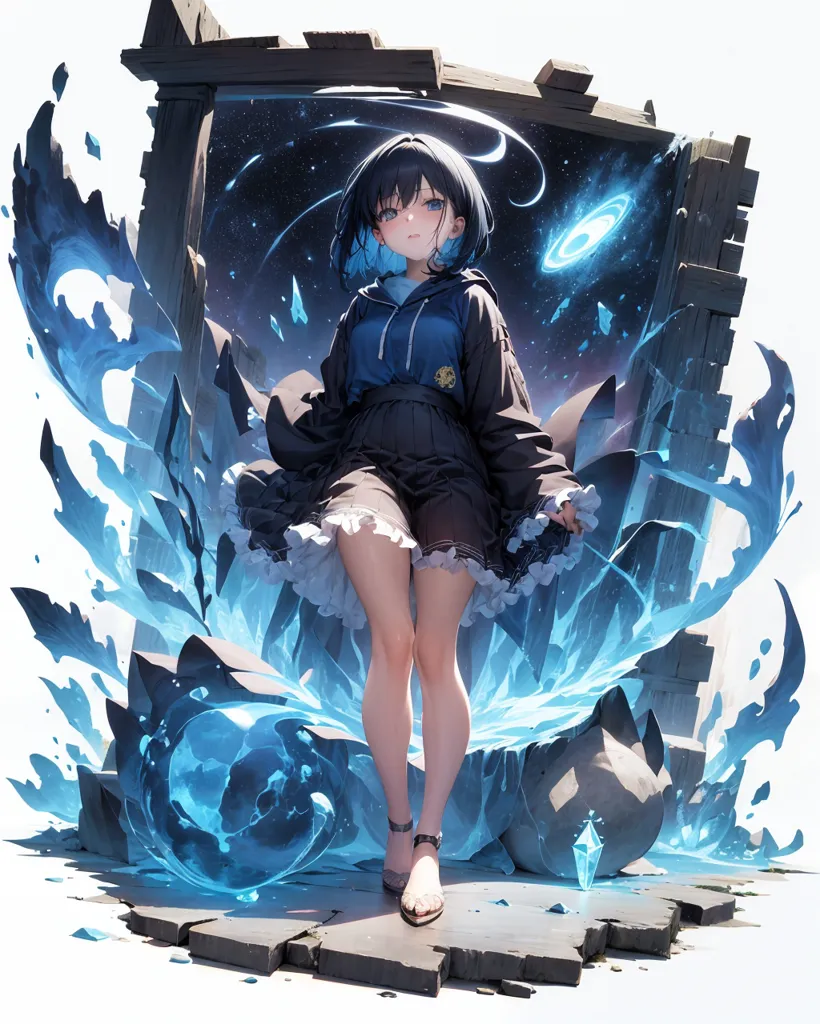 The image is of an anime girl with short blue hair and brown eyes. She is wearing a blue and black hoodie, a pleated skirt, and brown sandals. She is standing in front of a stone archway, with her left hand resting on a large blue orb. The archway is decorated with blue crystals, and there are blue flames coming out of the ground on either side of her. The background is white with a blue gradient.