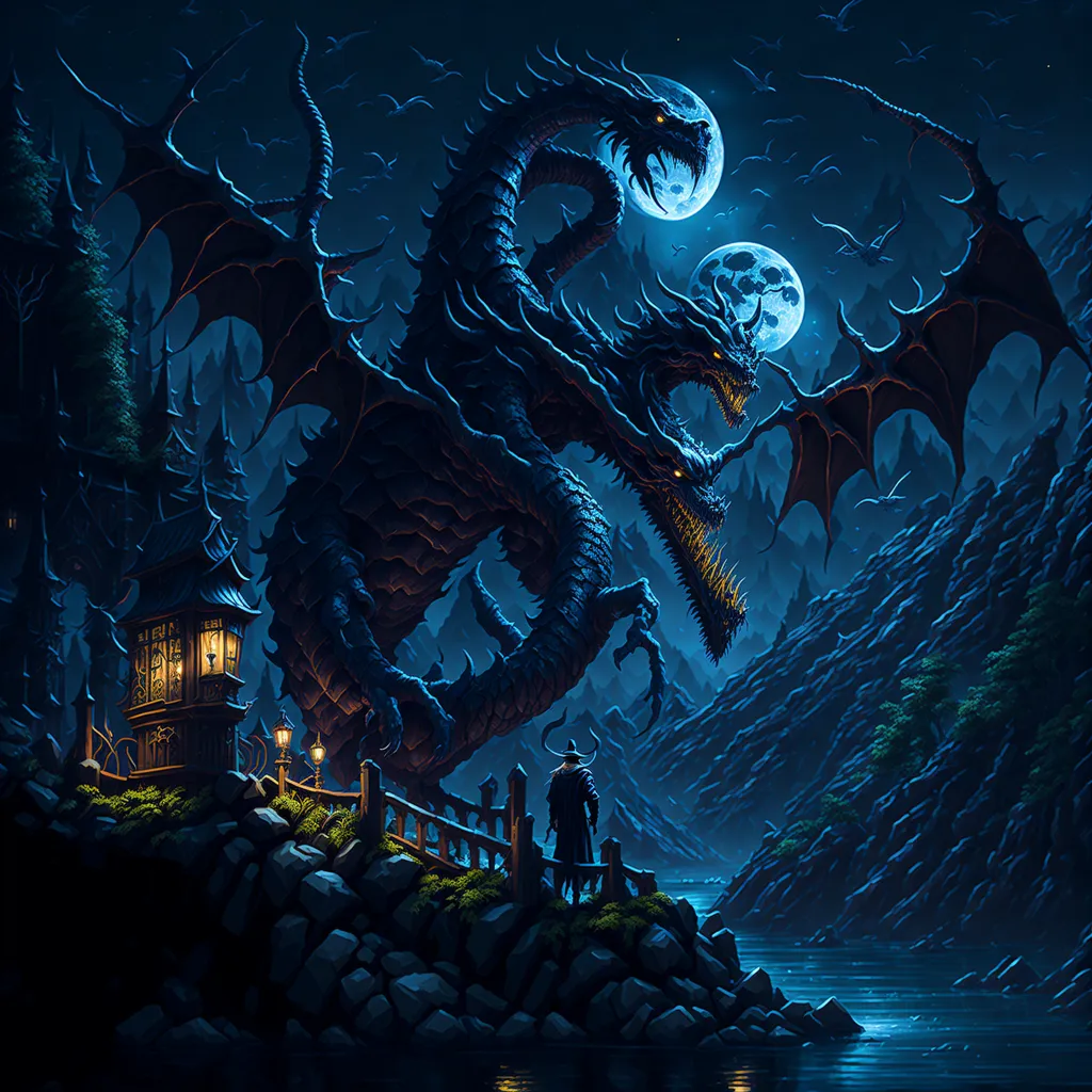 The image is a dark fantasy landscape. There is a three-headed dragon in the center of the image. The dragon is black with blue-green wings. It is standing on a rocky cliff. There is a full moon in the background. There is a man standing on the cliff to the right of the dragon. He is wearing a black cloak and a hat. There is a house on the cliff behind the man. The house is made of wood and has a thatched roof. There is a forest of dead trees on the cliff behind the house.