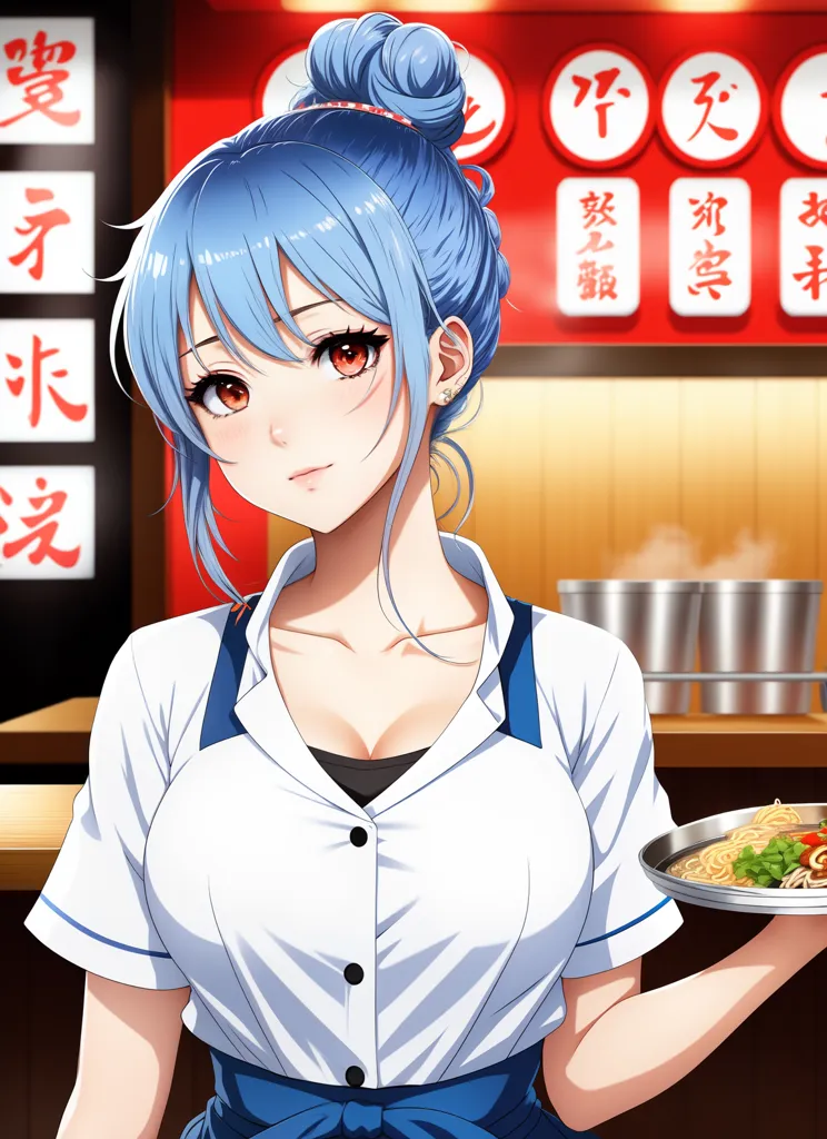 The image shows a young woman with blue hair and brown eyes. She is wearing a white shirt and a blue apron. She is standing in a restaurant, and she is holding a bowl of ramen. The background of the image is a blur of red and yellow colors.