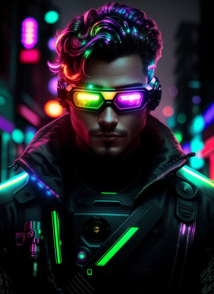 Esta é uma imagem de um homem usando óculos futuristas e um casaco preto com destaques verdes e amarelos. O homem tem cabelos verdes e azuis e uma pequena luz verde em seu queixo. O fundo está desfocado com luzes brilhantes ao fundo.