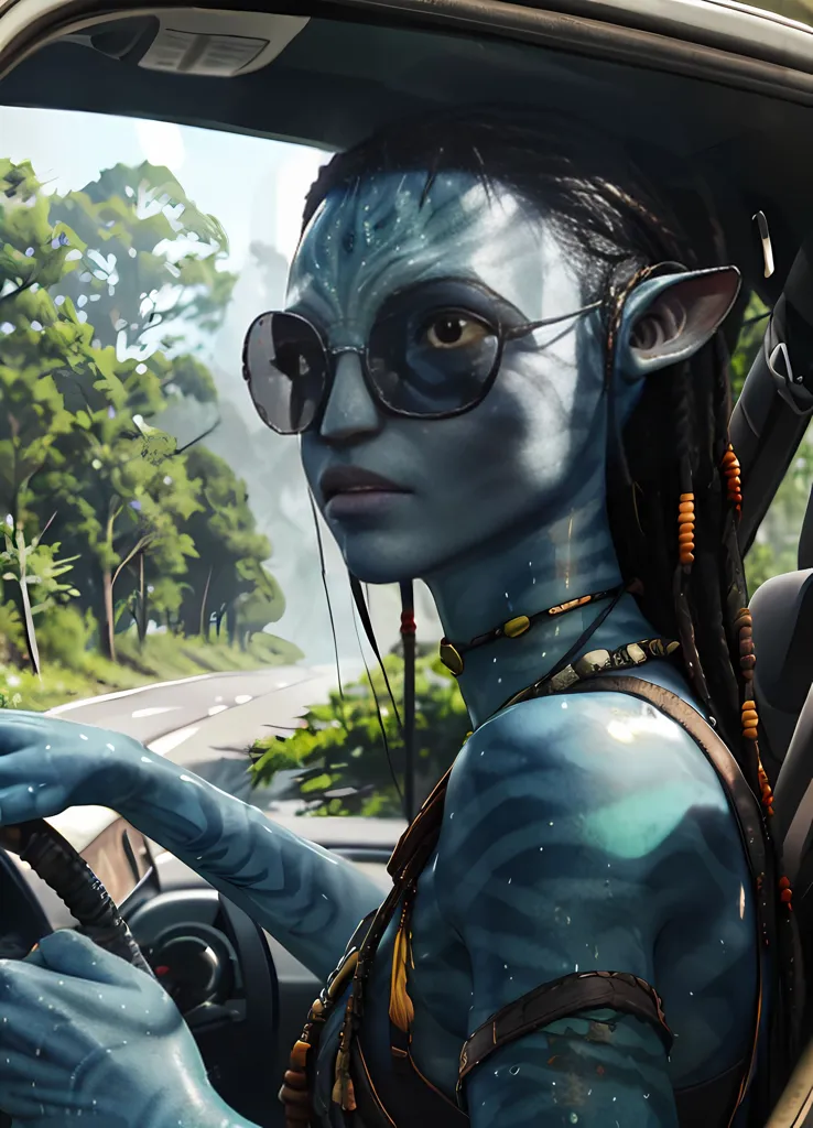 This is an image of a female Na'vi from the movie Avatar. She is driving a car. She is wearing sunglasses and a necklace made of beads and shells. She has blue skin and pointed ears. The background is a jungle scene with green trees and plants.