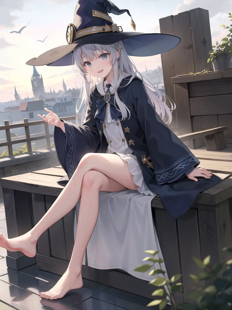 The image is an anime-style drawing of a young girl with long white hair and blue eyes. She is wearing a black and blue witch hat with a white ribbon, a white dress with a blue sash, and a long black coat with gold trim. She is sitting on a wooden railing with her legs crossed and her feet bare. She is smiling and pointing at something off-screen. In the background is a cityscape with tall buildings and a clock tower.