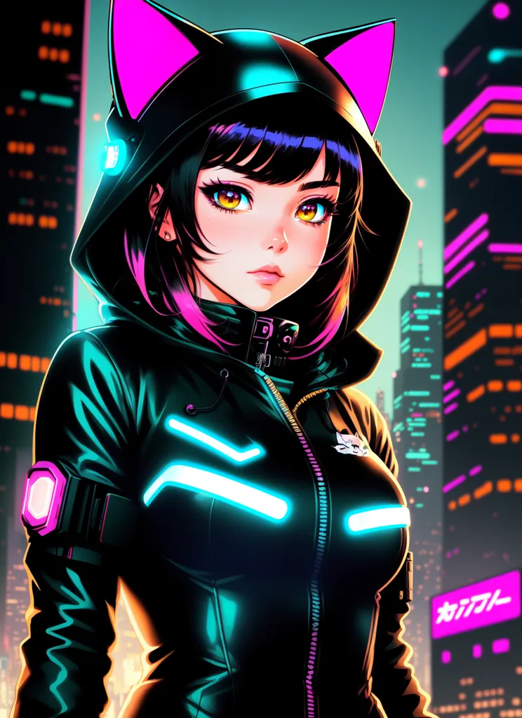 The image is a digital painting of a young woman with cat ears. She is wearing a black hoodie with pink and blue highlights and a white T-shirt. The hoodie has cat ears on the hood. She has black hair with pink and blue highlights and yellow eyes. She is standing in a city at night. There are tall buildings in the background and a city street with a large billboard with Japanese writing on it. The image is in a cyberpunk style.