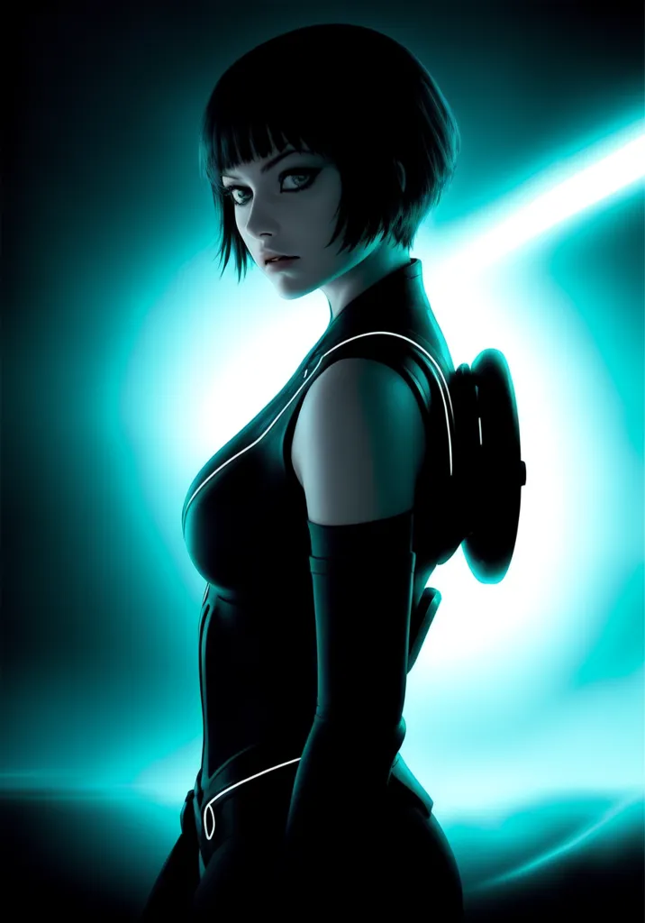 This is an image of a young woman, with short black hair, black bodysuit, and white gloves. There are glowing light blue lines on her gloves and around her waist. She is looking over her shoulder with a serious expression. There is a bright light on her right side.