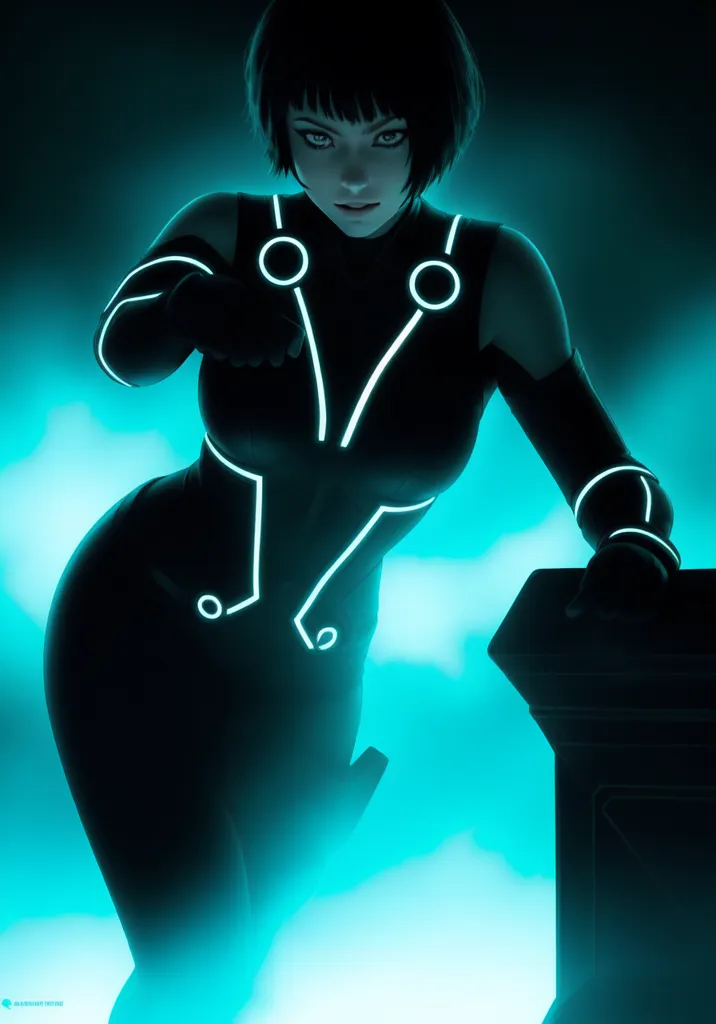 This is an image of a woman in a black bodysuit with glowing blue lines on it. She is standing in a dark room, with a blue light on the floor. She has short black hair and blue eyes. She is looking at the viewer with a serious expression.