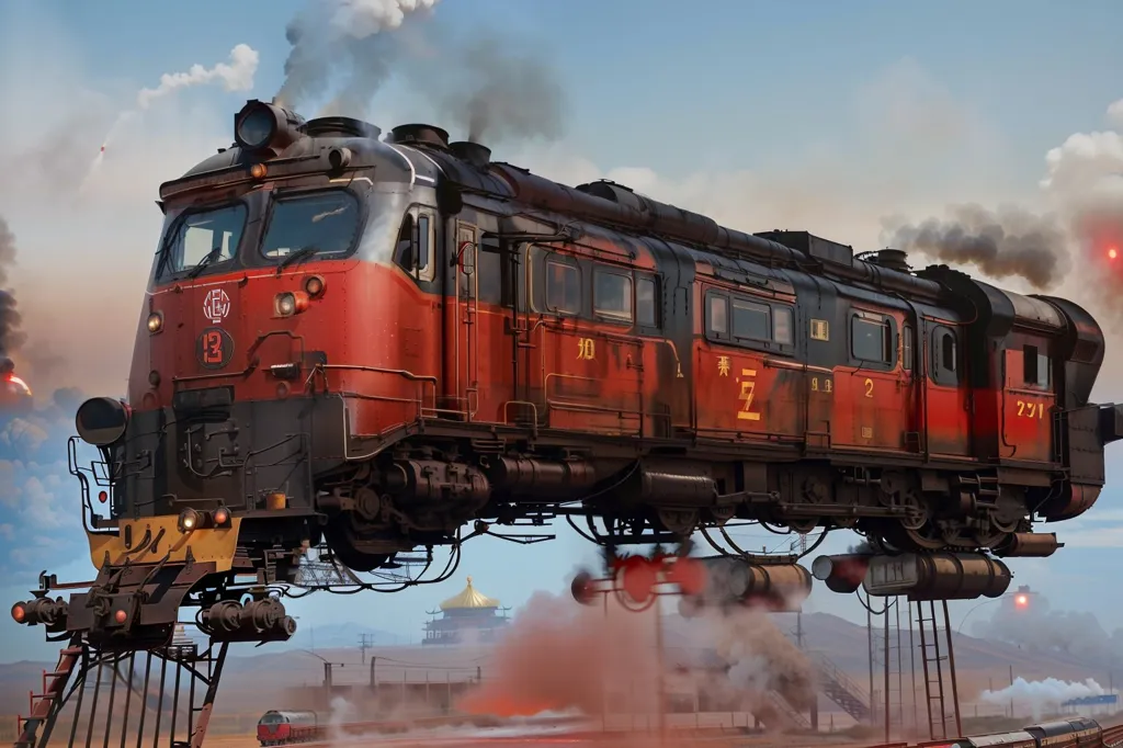 The image shows a red and black train with yellow details. It is a maglev train, meaning it floats above the tracks on magnetic levitation. The train is moving at high speed, and the tracks are blurred. The background is a desert with mountains in the distance. The sky is orange, and there are clouds of smoke from the train's exhaust.