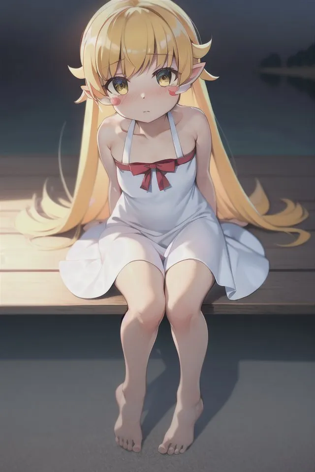 The image depicts a young girl with long blonde hair and yellow eyes. She is wearing a white dress with a red ribbon at the chest. She is sitting on a wooden railing with her feet dangling off. The background is blurry, but it looks like there is a lake or river in the distance. The girl has a sad expression on her face.