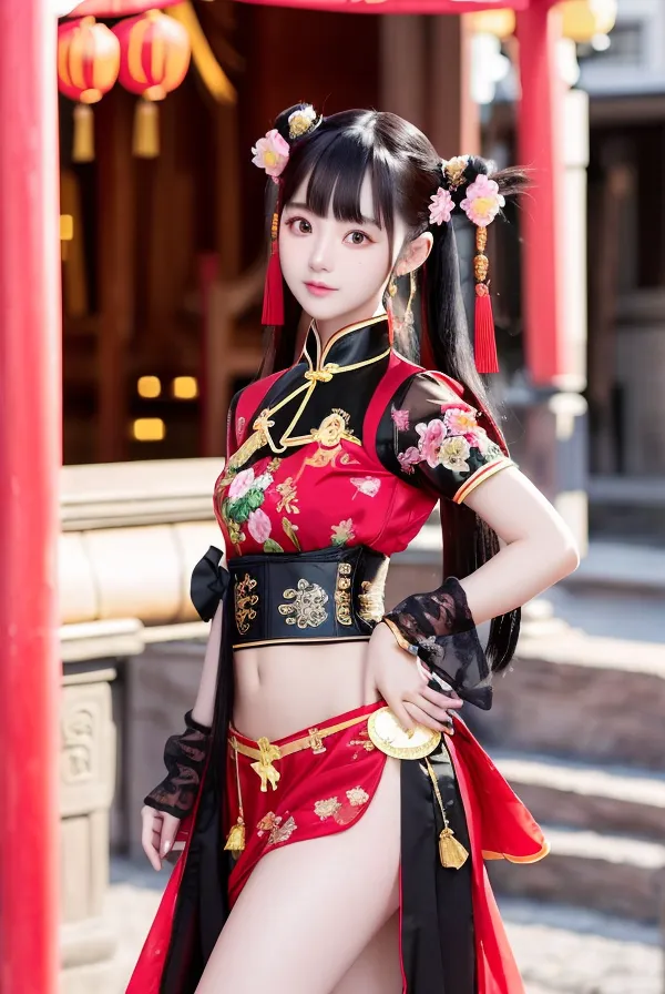 L'image montre une jeune femme vêtue d'un costume de style chinois rouge et or. Elle se tient devant un bâtiment chinois traditionnel. La femme a de longs cheveux noirs et des yeux bleus. Elle porte un cheongsam rouge et or avec un col blanc. Le cheongsam est décoré de broderies florales. Elle porte également une ceinture rouge et or et une paire de talons hauts rouges et or. La femme se tient avec la main gauche sur la hanche et la main droite tenant une pièce d'or. Elle a un sourire confiant sur le visage.