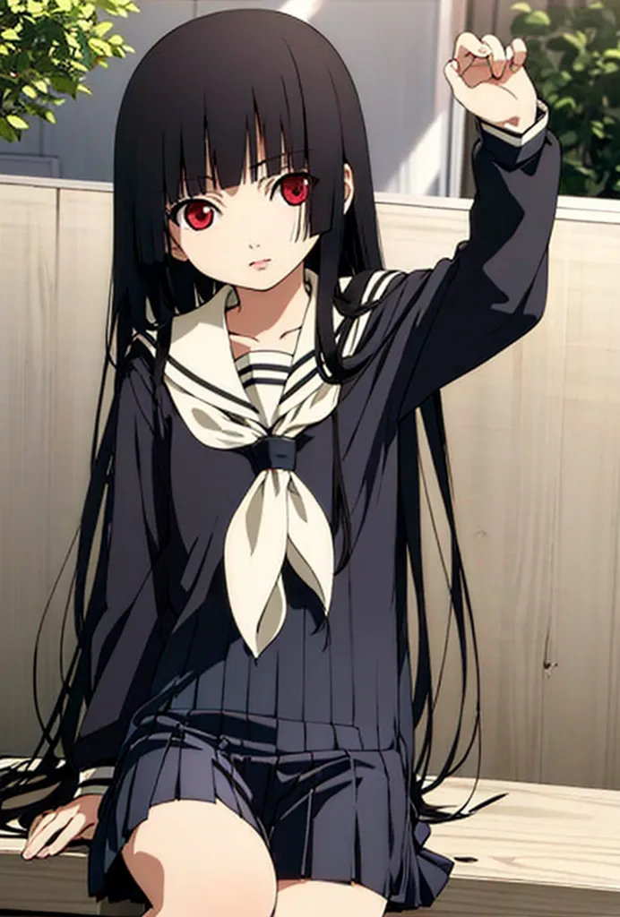 The image shows a young girl with long black hair and red eyes. She is wearing a black sailor-style school uniform with a white collar and a white neckerchief. The skirt of the uniform is gray with two white stripes near the hem. She is sitting on a bench with her right hand raised. She has a serious expression on her face.