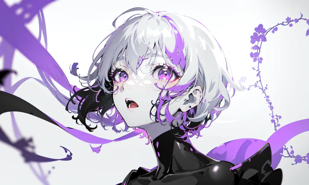 The image is a digital painting of a young woman with short white and purple hair. She has purple eyes and is wearing a black bodysuit with a high collar. There is a purple ribbon or scarf flowing around her. The background is white with some purple flower petals. The woman's expression is one of surprise or wonder.