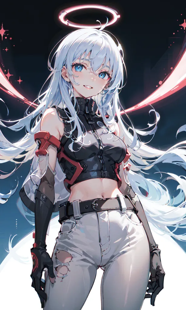 The image is an anime-style illustration of a young woman with long white hair and blue eyes. She is wearing a black and white outfit and has a halo above her head. She is also wearing a pair of black gloves and a belt with a large buckle. The background is a dark color with some light-colored stars and a bright light in the top right corner.