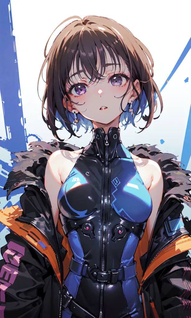 This is an image of an anime-style girl with brown hair and purple eyes. She is wearing a black and blue bodysuit with a zipper in the front. She is also wearing a black jacket with blue and pink highlights. The background is white with blue and pink highlights.