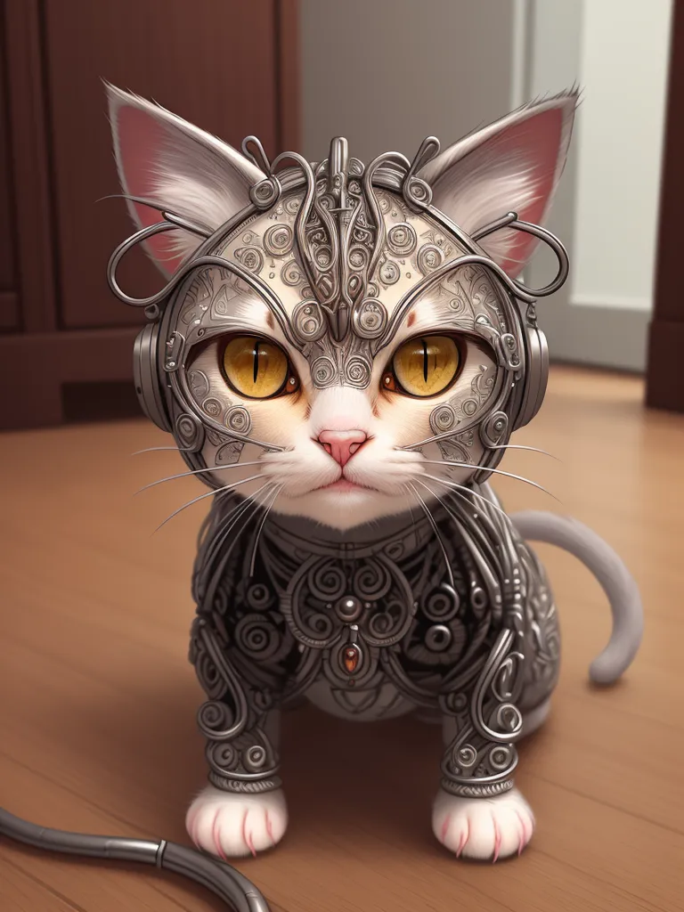 A imagem mostra um gato steampunk usando um capacete de metal e armadura. O gato está sentado no chão perto de uma porta. O capacete tem um capuz com um olho verde brilhante. O pelo do gato é branco e cinza, e seus olhos são amarelos. A armadura é feita de metal de cor prata e tem um design intrincado.