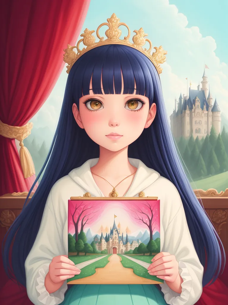 The image is of a young girl with long blue hair and brown eyes. She is wearing a white dress with a green sash and a gold crown. She is holding a painting of a castle with pink trees in front of it. There is a red curtain behind her and a castle in the background.