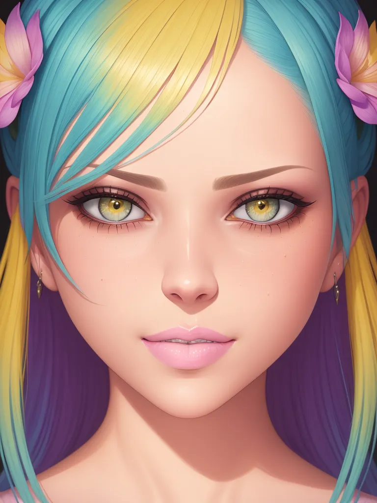 La imagen es un retrato de una hermosa mujer con el cabello largo y ondulado. Su cabello es un degradado de azul y amarillo, y tiene ojos verdes y labios rosados. Lleva un vestido blanco con escote de corazón y su cabello está recogido en una coleta suelta. También lleva un par de pendientes. El fondo es de un suave color azul claro, y el efecto general de la imagen es de paz y tranquilidad.