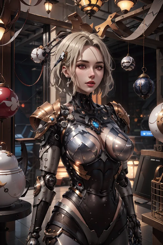 The image is of a beautiful woman with short blonde hair and blue eyes. She is wearing a black and silver bodysuit with gold accents. The bodysuit is made of a material that looks like metal, and it has a futuristic design. The woman is also wearing a pair of silver earrings and a necklace with a blue gem in the center. She has a serious expression on her face, and she is looking at the viewer with her head tilted a bit downwards at an angle. The background of the image is a blur of light and dark colors.