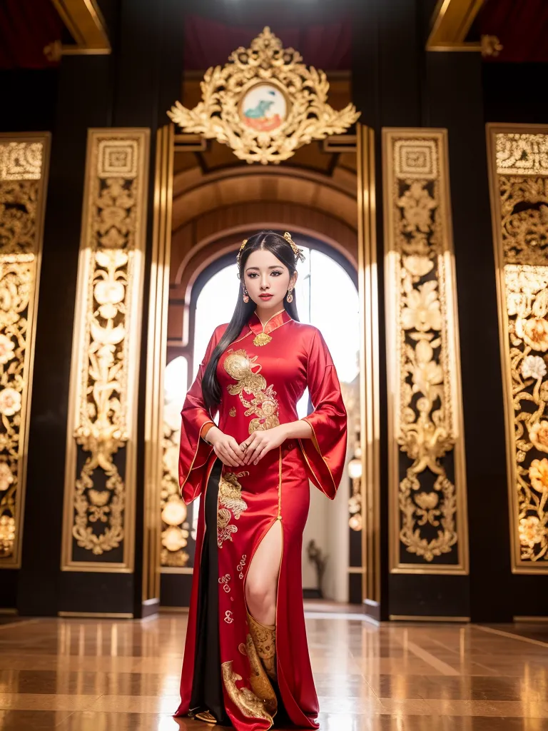 The image shows a woman wearing a red cheongsam (qipao), a traditional Chinese dress. The dress has a high collar and is embroidered with golden dragons. The woman has long black hair and is wearing traditional Chinese makeup. She is standing in a grand hall with red walls and golden do