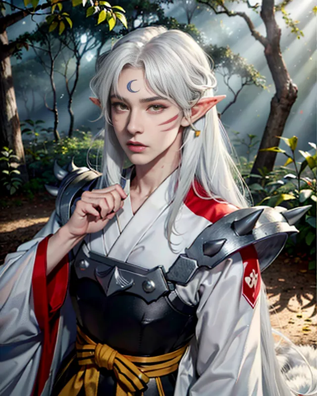 The picture shows a young man with long white hair and silver-colored pointy ears. He is wearing a white kimono with red accents and a grey and brown spiky shoulder pad. He has a crescent moon marking on his forehead and is looking at the viewer with a serious expression. He appears to be in a forest with green trees and sunlight shining through the trees.