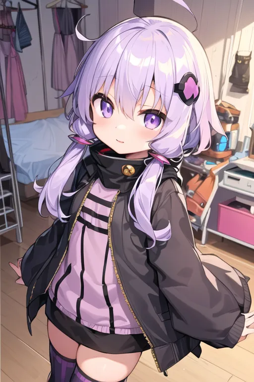 The image shows a young girl with purple hair and purple eyes. She is wearing a black and purple hoodie-style jacket with a white turtleneck shirt underneath. She is also wearing purple thigh-high socks and black shoes. Her hair is styled with a large ahoge on top of her head and two long twintails. She has a small, happy smile on her face. She is standing in a bedroom, with a bed, dresser, and clothes rack visible.