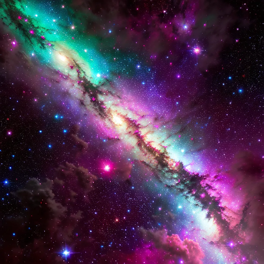 L'image est une représentation d'une galaxie, probablement la Voie Lactée. Elle est remplie d'étoiles, de poussière et de gaz, et est colorée dans des nuances de bleu, de violet et de rose. Il y a un centre brillant et lumineux de la galaxie, qui est entouré d'une spirale d'étoiles et de poussière. La galaxie est placée contre un fond de noirceur, qui est rempli d'étoiles.