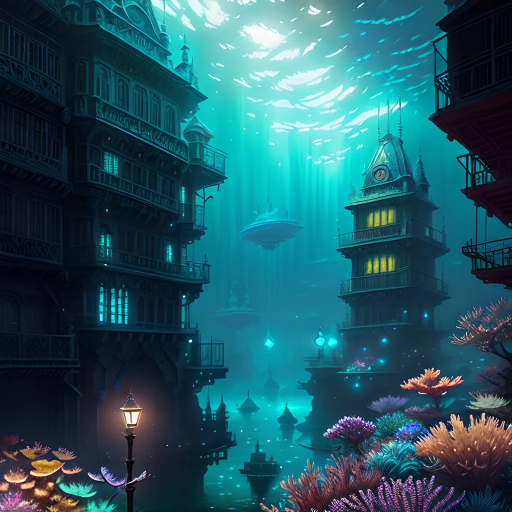 The image is a painting of an underwater city. The city is built on a series of platforms that are connected by bridges and walkways. The buildings are made of a variety of materials, including stone, metal, and glass. The city is lit by a variety of sources, including streetlights and the bioluminescence of the sea creatures that live in the water. The water is a deep blue color and is filled with a variety of sea life, including fish, coral, and jellyfish.