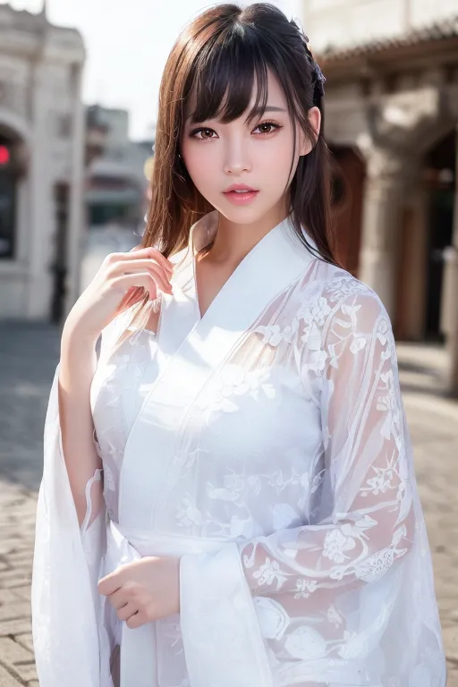 La imagen muestra a una mujer joven que lleva un kimono blanco con bordados florales. El kimono está atado con un fajín blanco, y su cabello está peinado de una manera tradicional japonesa con flequillo y mechones largos y ondulados. El fondo está desenfocado, y la mujer mira a la cámara con una expresión serena.