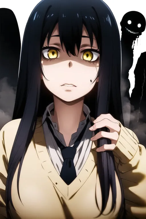 This is an illustration of a young girl with long black hair and yellow eyes. She is wearing a white shirt and a brown sweater. She is looking at the viewer with a fearful expression. There is a dark figure looming behind her. The girl is likely in a state of fear or shock.