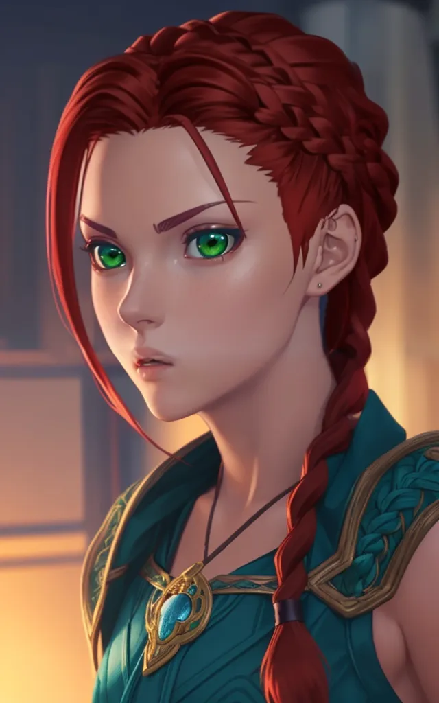 This is an image of a beautiful woman with red hair and green eyes. She is wearing a green shirt and has a braid in her hair. She is looking at the viewer with a serious expression. The background is blurry and looks like it is a forest.