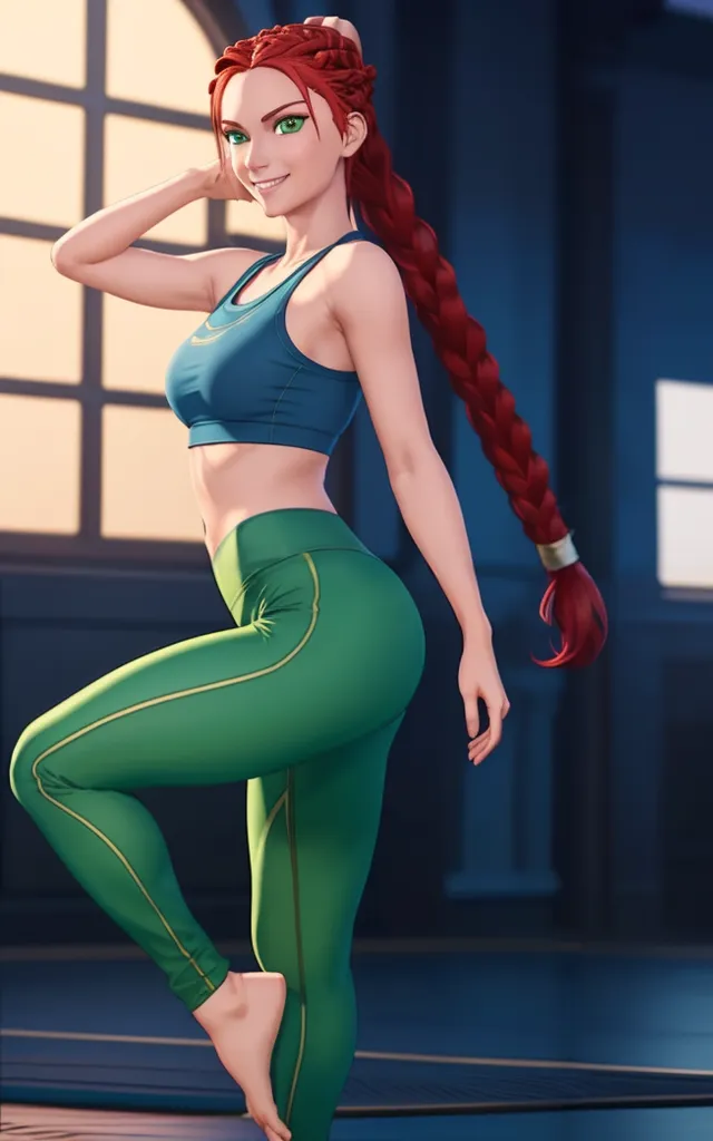 This is an image of a young woman in a blue sports bra and green yoga pants. She has long red hair braided down her back and green eyes. She is standing on one leg with her other foot resting on her supporting leg's knee. She has her hands on her head and is looking at the viewer with a smile on her face. She is standing in a room with a dark blue background and a wooden floor.